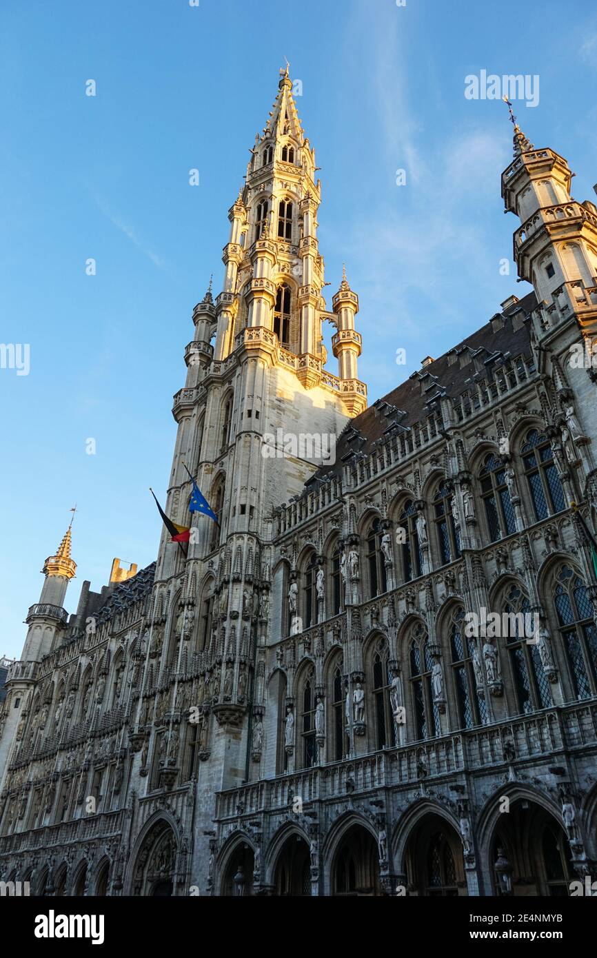 Medieval Town Hall on the Grand Place, Grote Markt square in Brussels, Belgium Stock Photo