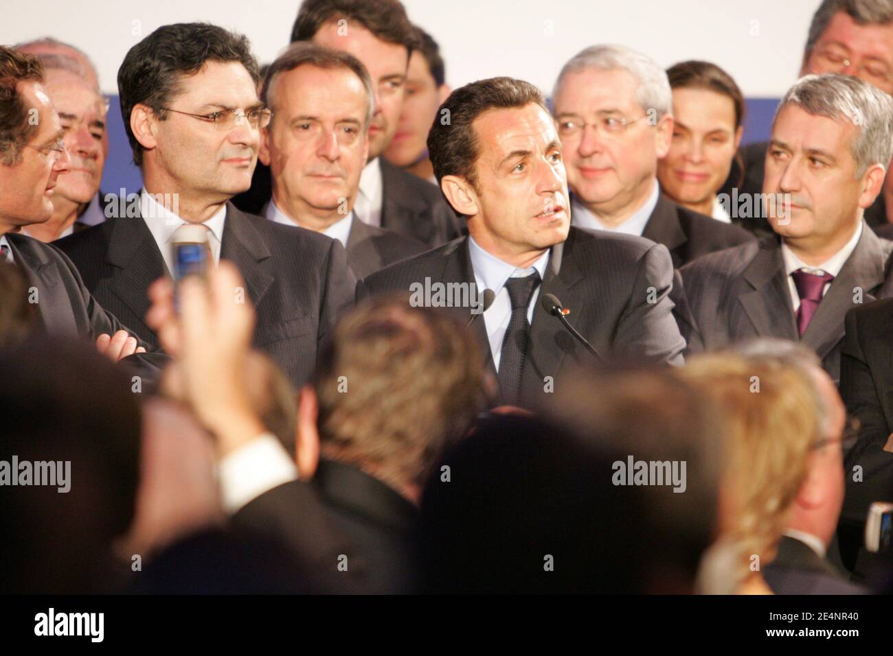 President Nicolas Sarkozy and Patrick Devedjian attend a ceremony at the General Council of the Hauts-de-Seine in Nanterre, France on January 8, 2008. Nicolas Sarkozy holds his Best Wishes to the General Council. Photo by Thibault Camus/ABACAPRESS.COM Stock Photo