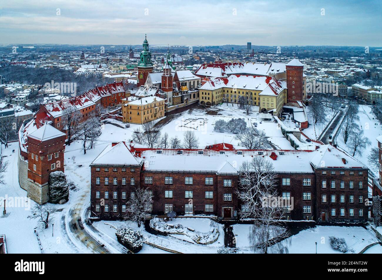 Historic royal Wawel Castle and Cathedral in Krakow, Poland,  covered with snow in winter Stock Photo
