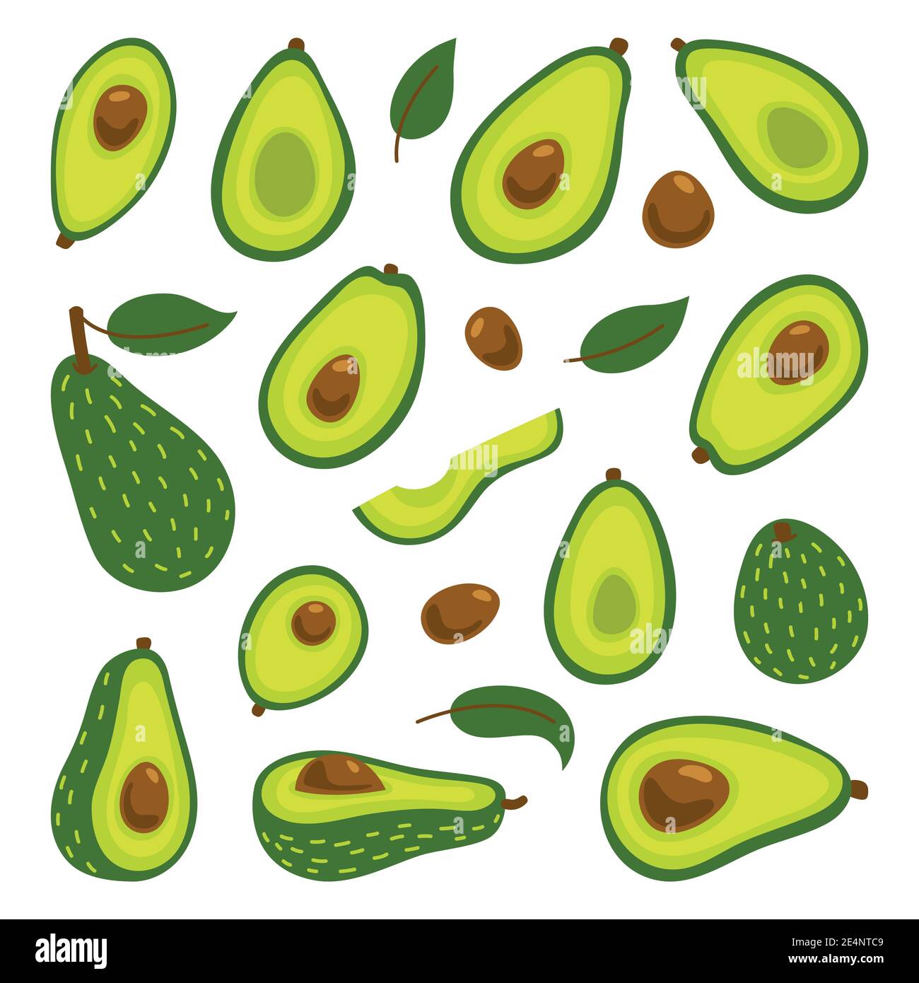 Cooking with avocados vector illustration set. Whole avocado and cut ...