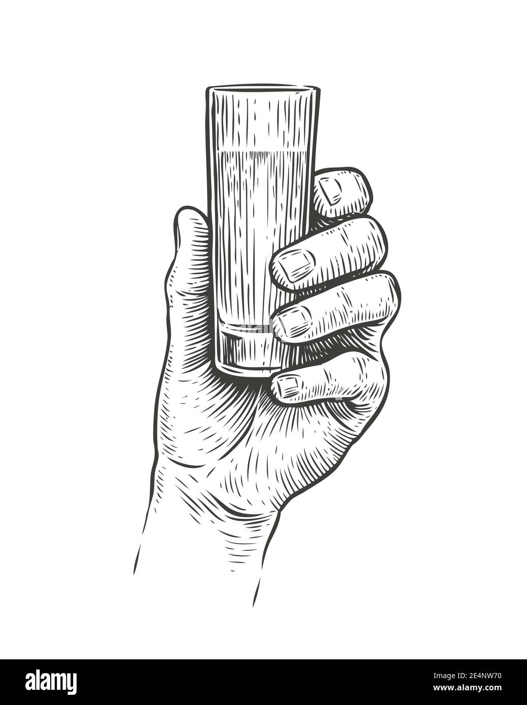 Hand holding a shot of alcohol drink. Vintage sketch vector illustration Stock Vector