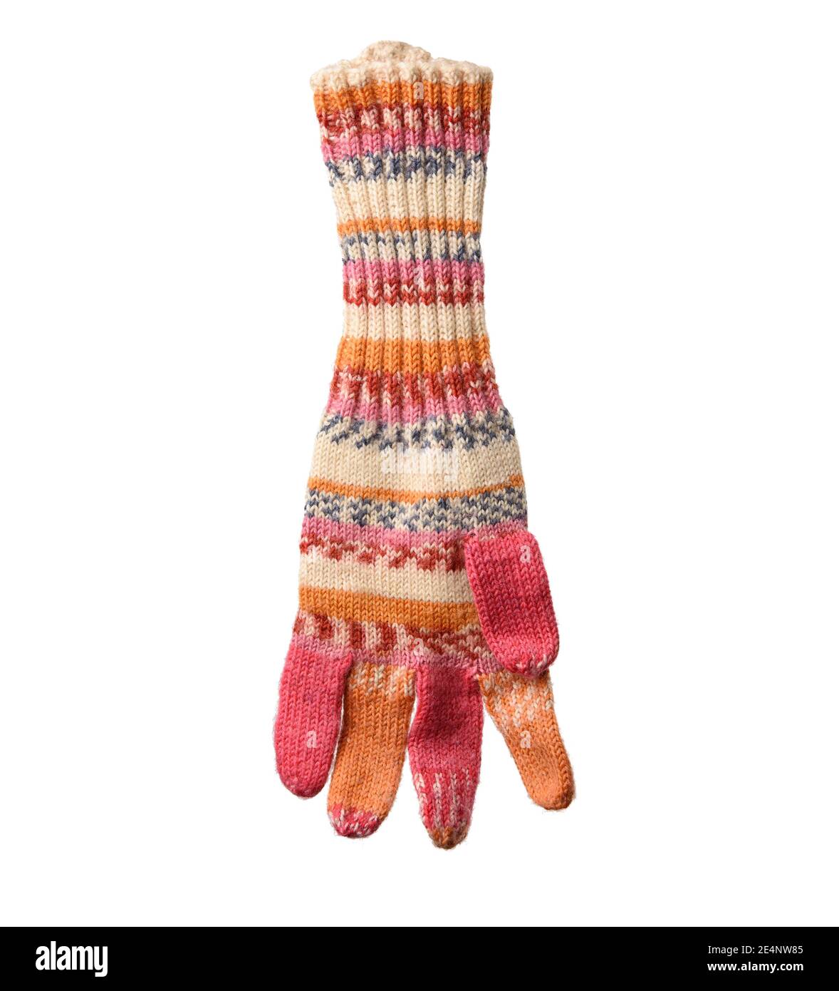 knitted woolen mitten from multi-colored threads, isolated on white background, close up Stock Photo