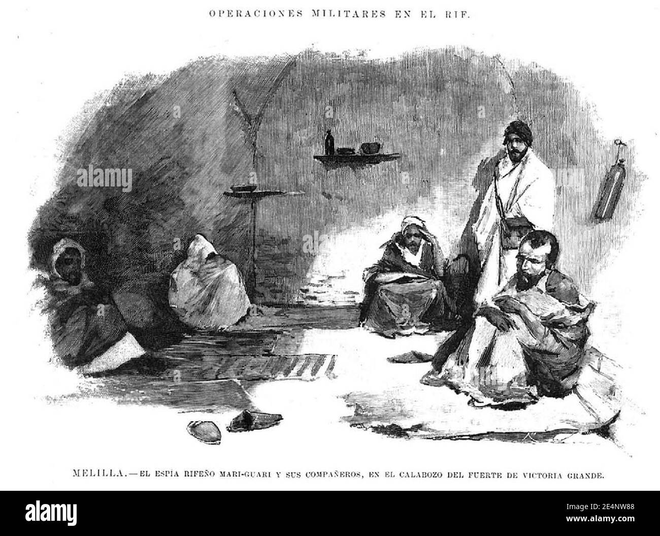 Melilla - El espía rifeño Mari-Guari y sus compañeros, en el calabozo del fuerte de Victoria Grande, de Simonet. Stock Photo