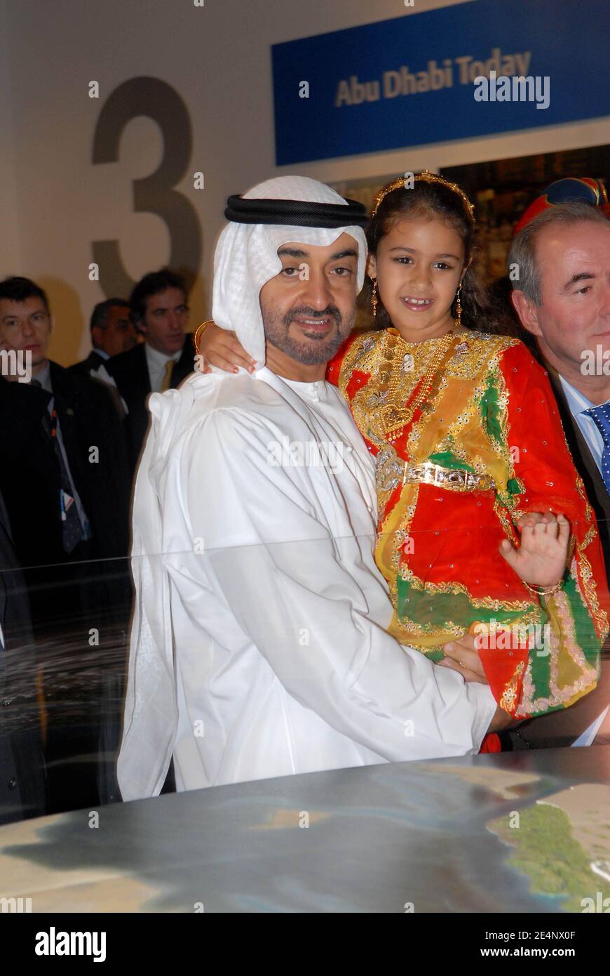 Abu Dhabi's Crown Prince Sheikh Mohammed Bin Zayed with his 6 year old  daughter Princess Hassa attend a cultural exhibition in Abu Dhabi, United  Arab Emirates on January 15, 2008. Photo by