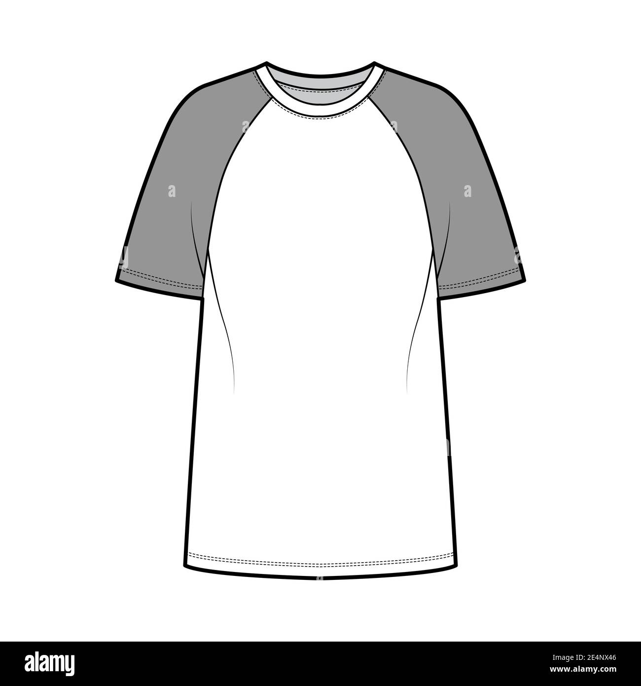 T-shirt baseball technical fashion illustration with raglan short sleeves,  tunic length, crew neck, oversized. Flat apparel top outwear template  front, white color. Women men unisex CAD mockup Stock Vector Image & Art 