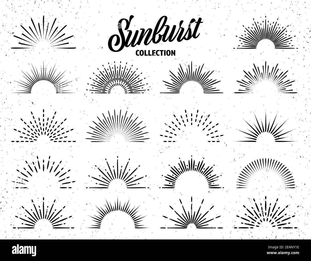 Vintage grunge sunburst collection. Bursting sun rays. Fireworks. Logotype or lettering design element. Radial sunset beams. Vector illustration. Stock Vector