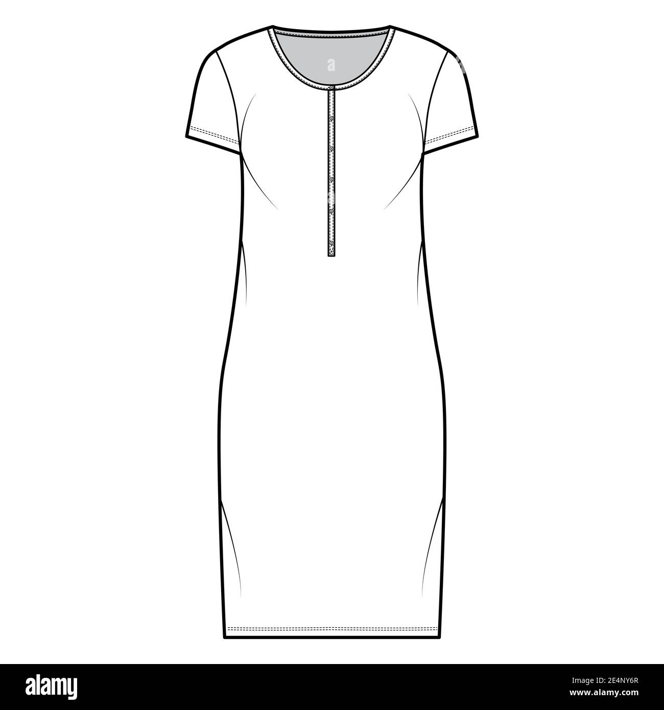 Shirt dress technical fashion illustration with henley neck, short ...