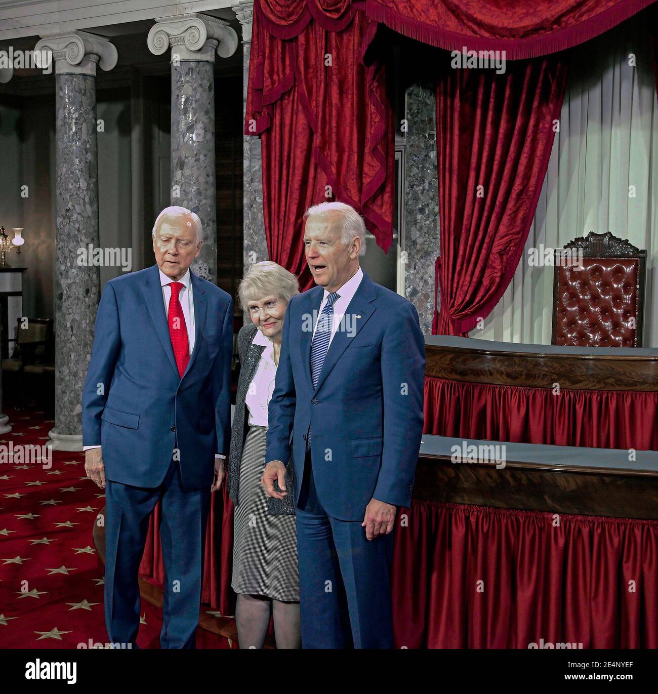 Washington DC, USA, January 6, 2015 Senator Orrin Hatch (R-UT) with his wife Elaine Hatch pose for pictures with Vice President Joe Biden (D) after Biden delivered the oath of office to Hatch Stock Photo