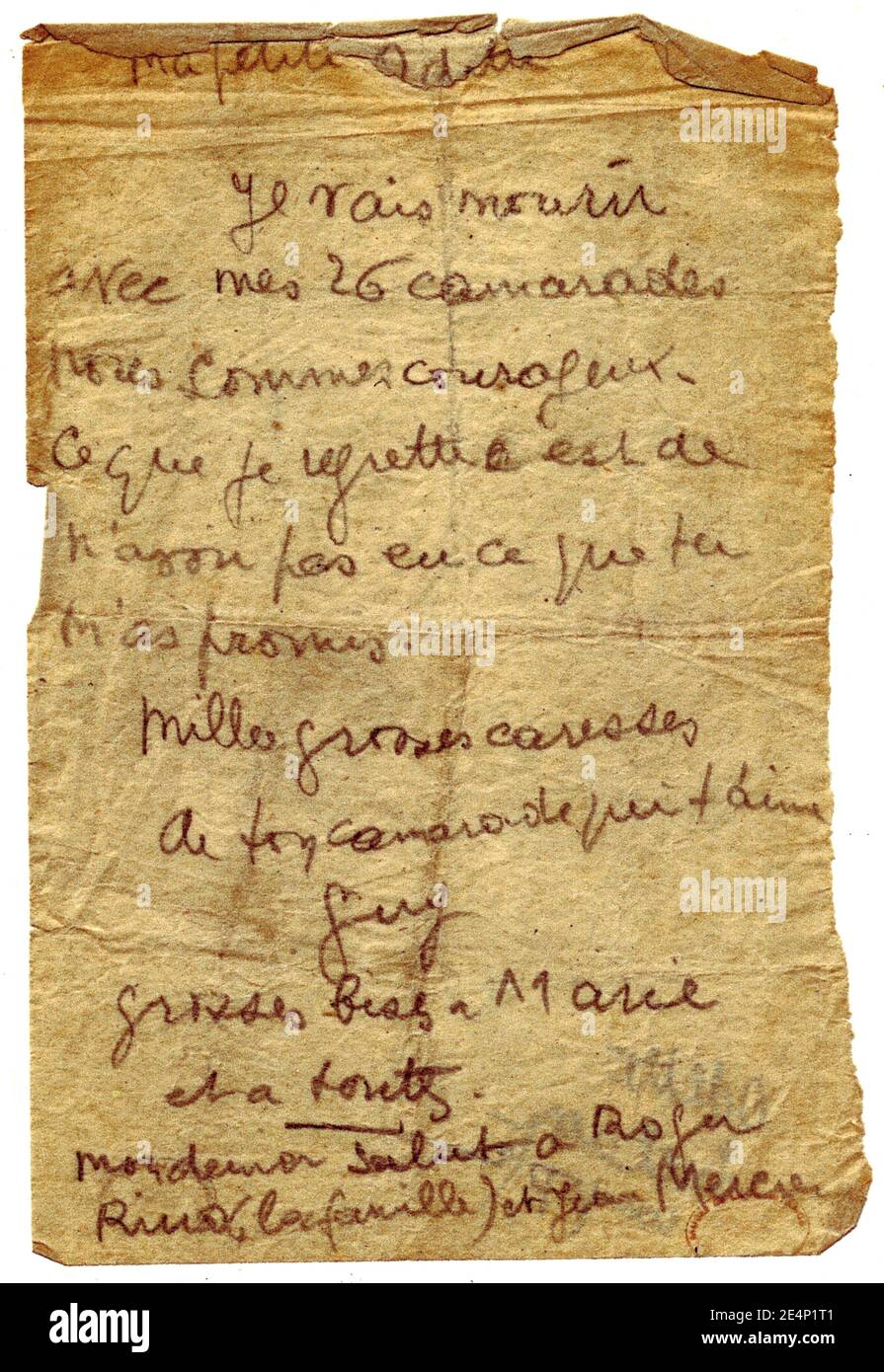 The letter Guy Moquet wrote to Odette Niles, his first and last love interest, before German army executes him on October 22, 1941, in Chateaubriant, west of France. Niles and Moquet, both were in the Resistance and arrested by French police during World War II, met each other in Choisel prison in Chateaubriant. Guy Moquet was executed with 26 french prisoners. He was 17 and has become one of the French Resistance symbol. Photo via ABACAPRESS.COM Stock Photo