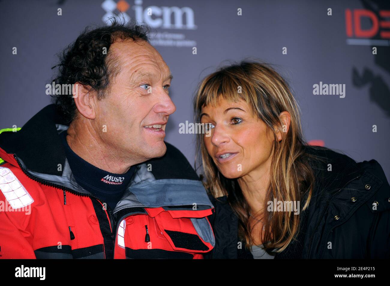 Francis Joyon and his wife. The French navigator arrives at Brest and  becomes the fastest world solo navigator on his maxi-trimaran 'IDEC II'. He  sets a blistering new record of 72 days