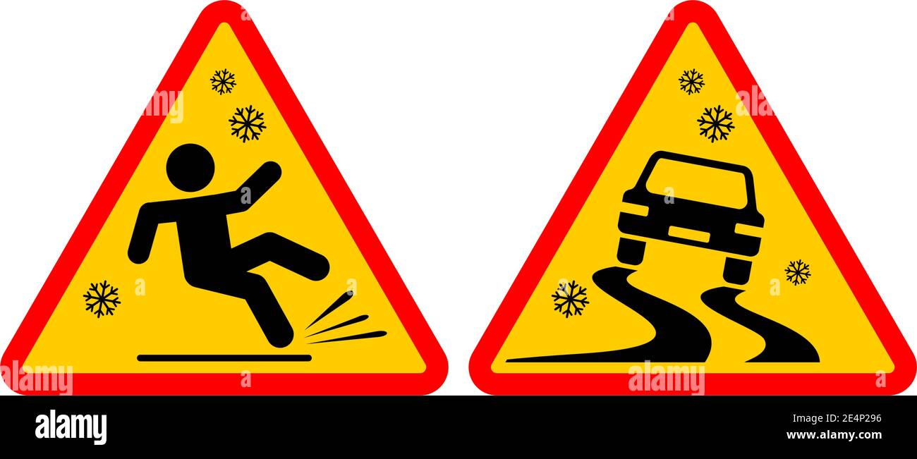 Slippery road sign. Triangular winter temporary warning sign. For pedestrians and drivers Vector on transparent background Stock Vector