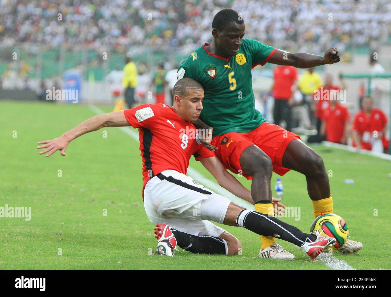 Egypt's Zidan Abdalla Mohamed tackles Cameroon's Thimothee Atouba during the African Cup of Nations soccer match, Cameroon vs Egypt, in Kumasi, Ghana on January 22, 2008. Egypt defeated Cameroon 4-1. Photo by Steeve McMay/Cameleon/ABACAPRESS.COM Stock Photo