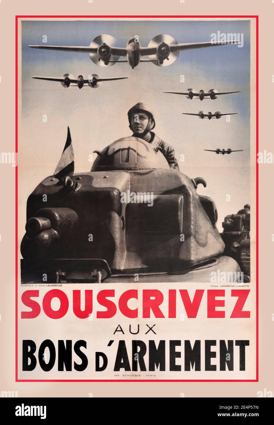 French World War Two appeals propaganda poster: ‘Subscribe to Armament Bonds’ - Souscivez aux bons d'Armement. photomontage by Pierre La Garrigue of French World War II tanks with bomber planes flying overhead. Photo by LaGarrigue and Parnotte, Printed by Schuster, Paris. Country of issue: France, designer: Pierre La Garrigue, 1939 WW2 Second World War Stock Photo
