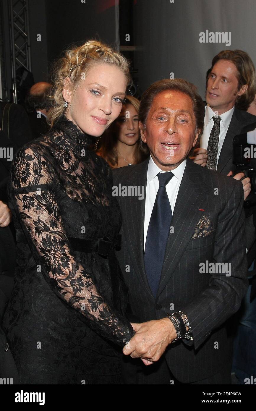 Italian designer Valentino and US actress Uma Thurman backstage after his Spring-Summer 2008 Haute-Couture show, at the Musee Rodin in Paris, France, on January 23, 2008. 75-year-old Valentino retires after