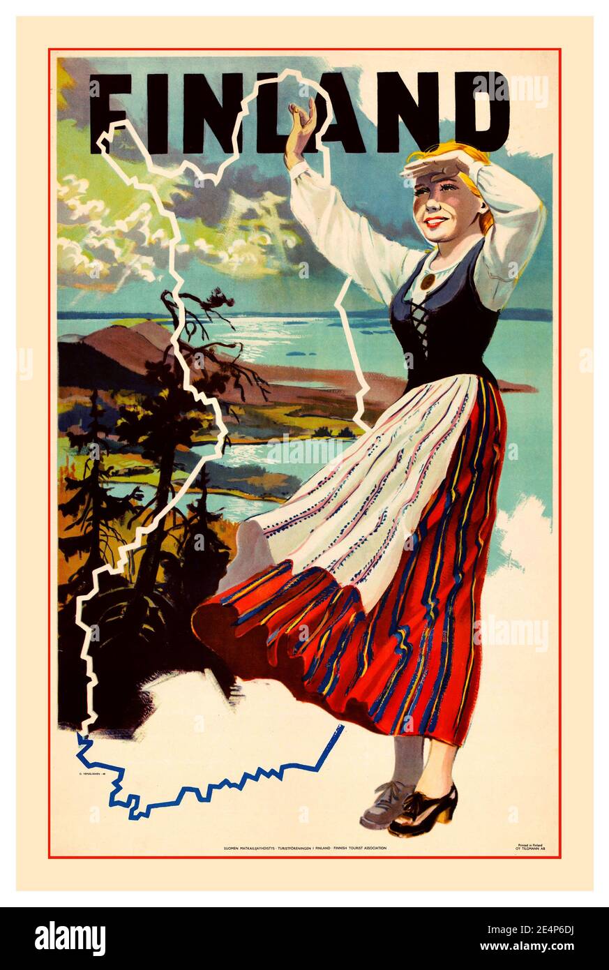 FINLAND Vintage 1940’s retro travel poster with Finnish blond girl in traditional national folk country dress with map & archipelago islands illustration behind Stock Photo