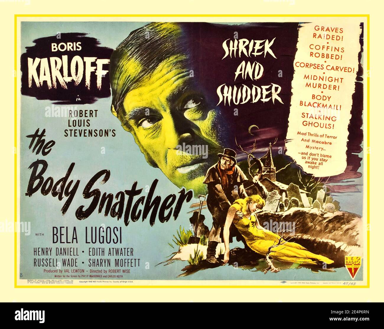 THE BODY SNATCHER KARLOFF Vintage Horror Movie Poster for 1945 RKO studios film starring Boris Karloff with Bela Lugosi, Henry Daniell, Edith Atwater Russel Wade, Sharyn Moffett Directed by Robert Wise from a story by Robert Louis Stevenson Stock Photo