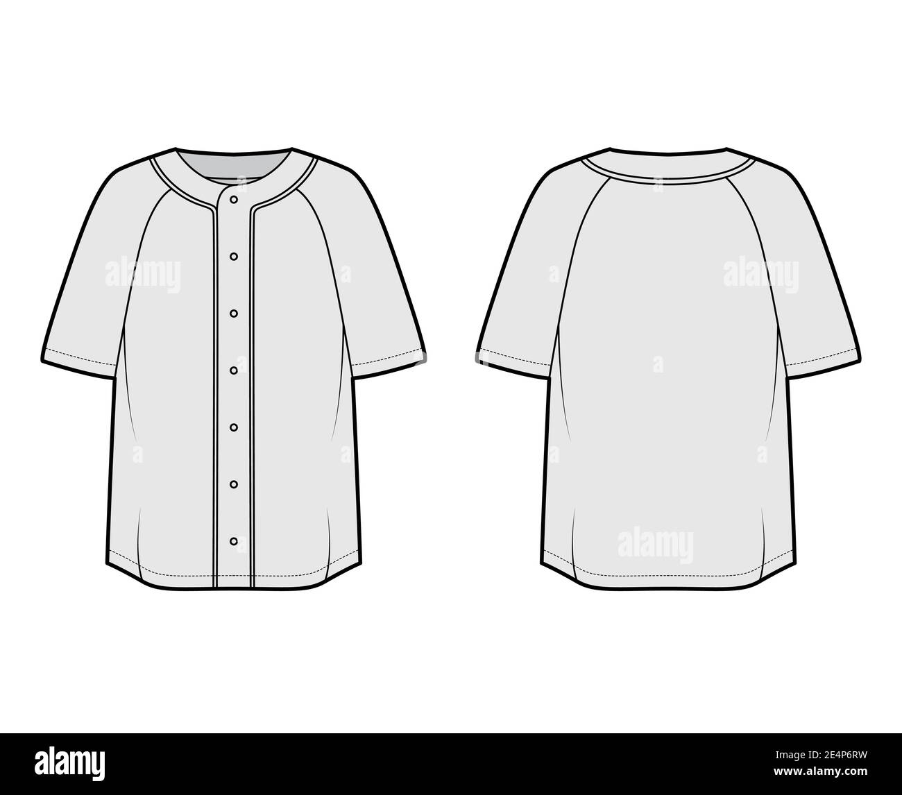 Shirt baseball button front technical fashion illustration with raglan  short sleeves, button up, oversized. Flat apparel jersey top outwear  template front, back grey color. Women men unisex CAD mockup Stock Vector  Image
