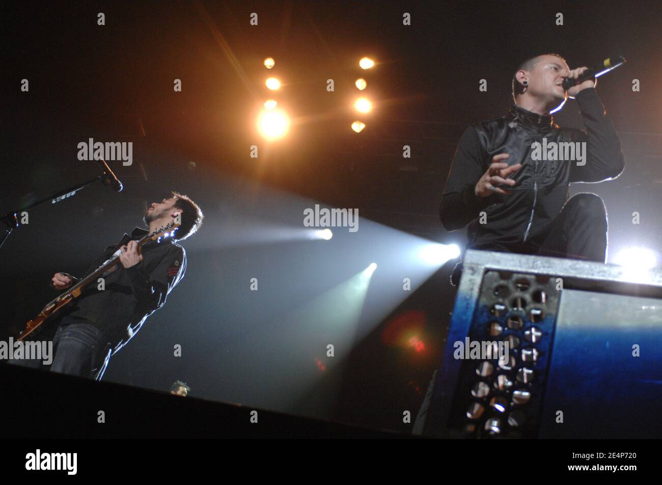 Linkin Park performs live on stage at the POPB concert hall in Paris, France, on January 22