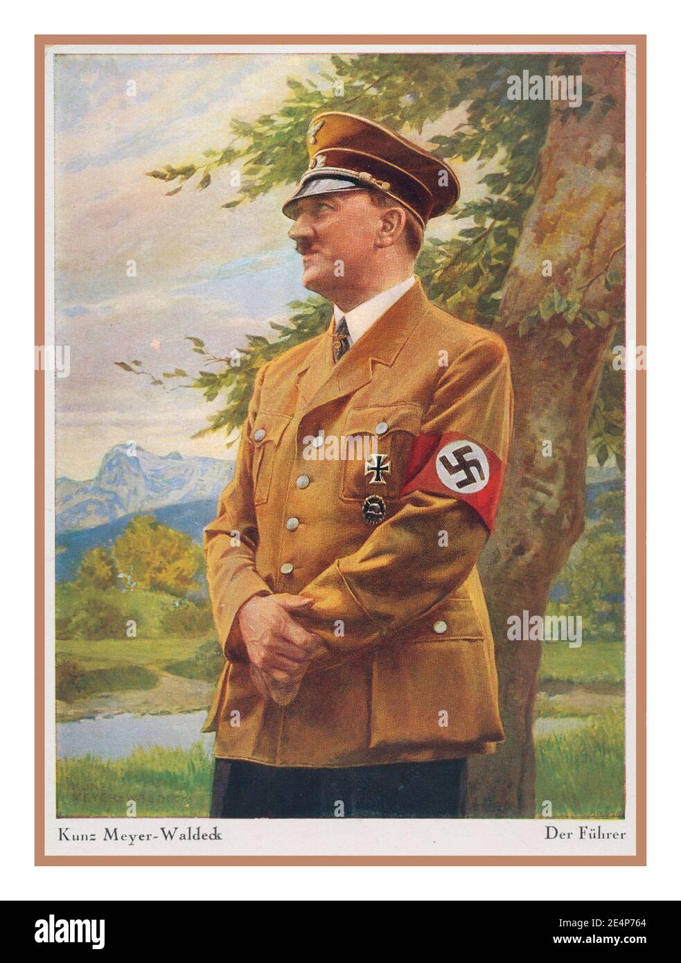 DER FÜHRER 1940's Adolf Hitler painting illustration in military uniform wearing a swastika armband 1940 propaganda poster painting card depicting 'Der Führer' after a painting by Kunz Meyer-Waldeck, Stock Photo