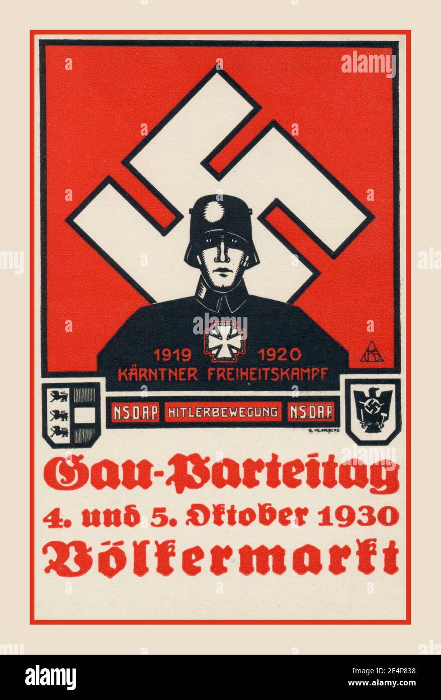1930 Nazi Propaganda Gau Parteitag [District Party Day] NSDAP Poster with Soldier and Iron Cross from a previous contentious battle  HITLERBEWEGUNG Hitler Movement Der Kärntner Freiheitskampf 1919-1920 Dolfermarft Germany Stock Photo