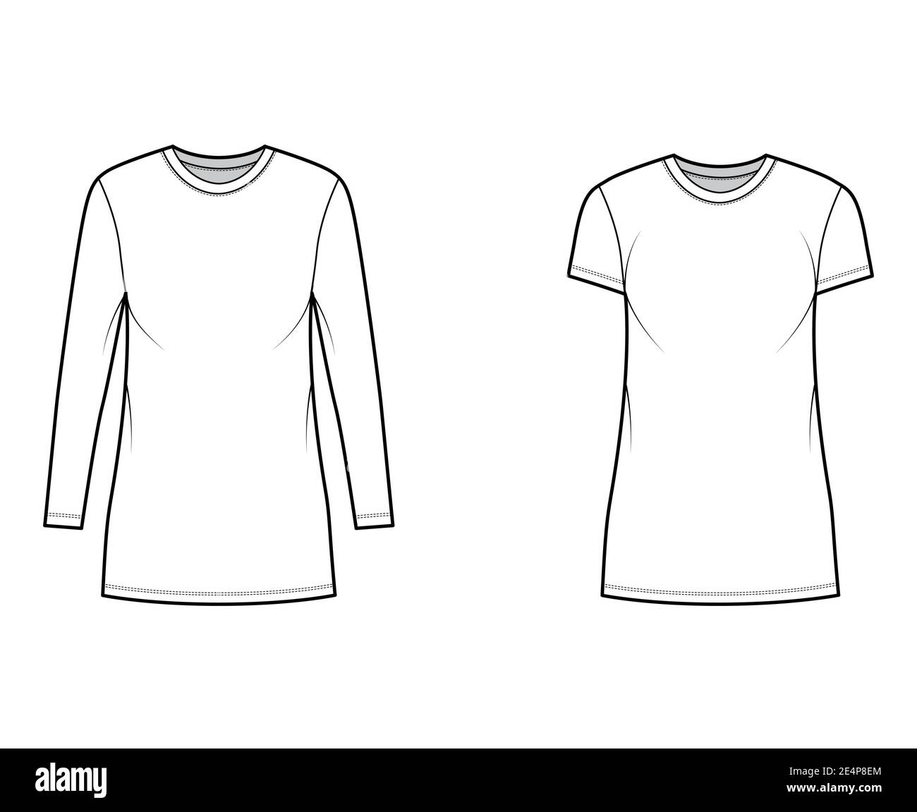 Set of T-shirt mini dresses technical fashion illustration with crew neck, long and short sleeves, oversized, Pencil fullness. Flat apparel template front white color. Women, men, unisex CAD mockup Stock Vector