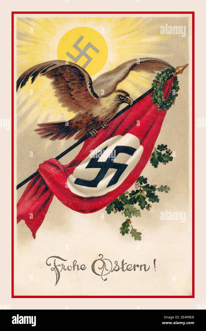 NAZI EASTER 1930’s Weimar Nazi Reich era Happy Easter Greetings Propaganda poster card with the NSDAP swastika flag & eagle 1938. Glowing sun with swastika symbol behind Stock Photo