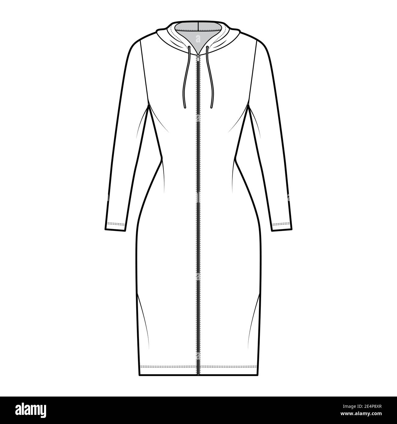 Hoodie zip-up dress technical fashion illustration with long sleeves, knee, mini length, fitted body, Pencil fullness. Flat apparel template front, white color. Women, men, unisex CAD mockup Stock Vector