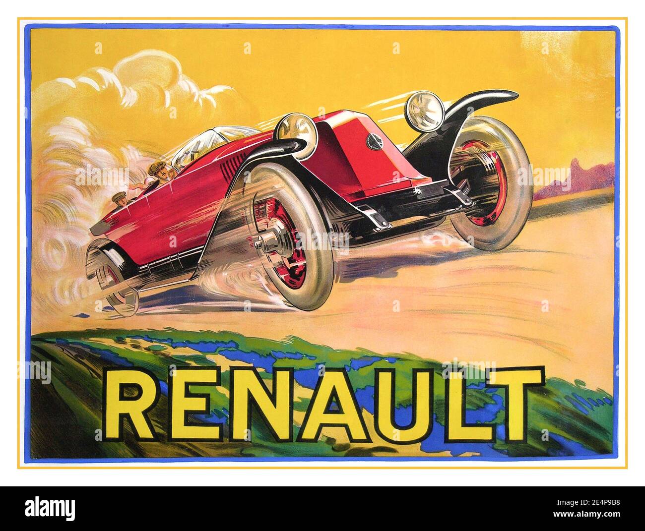 Vintage 1900’s Renault Lithograph French Advertising poster by René de Bas printed by J Minot Paris 1920 - RENAULT EU CONVERTIBLE MOTORCAR France Stock Photo