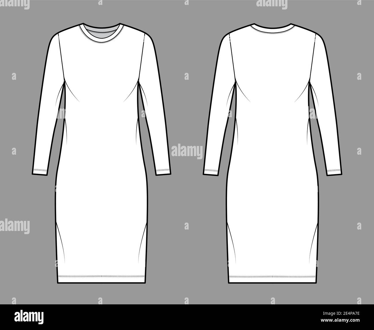 T-shirt dress technical fashion illustration with crew neck, long sleeves, knee length, oversized, Pencil fullness. Flat apparel template front, back, white color. Women, men, unisex CAD mockup Stock Vector
