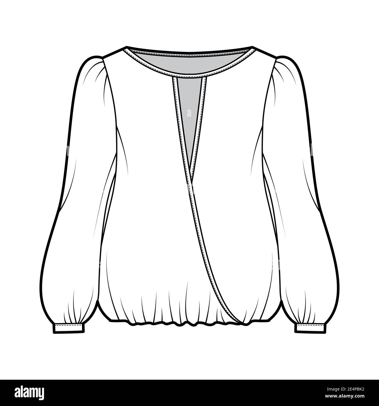 Surplice blouse technical fashion illustration with bouffant long sleeves, gathered hem, wide wrap scoop neck, oversized. Flat shirt apparel top template front white color. Women men unisex CAD mockup Stock Vector