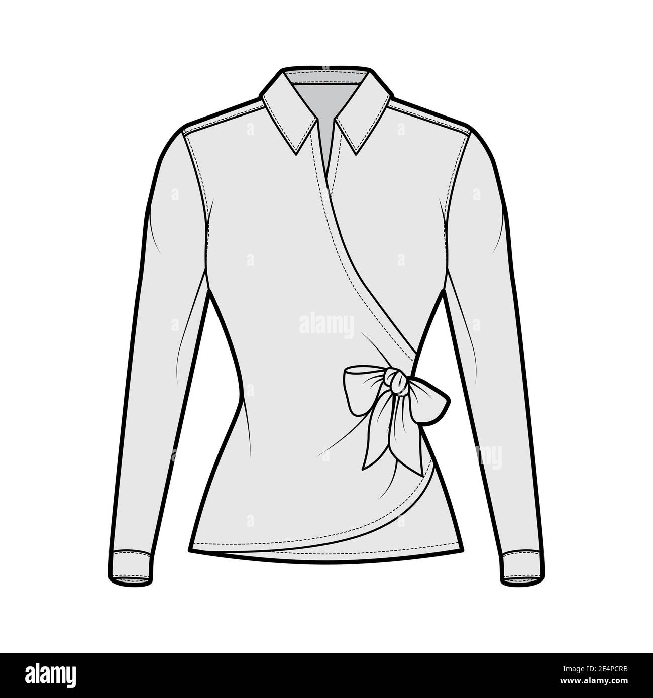 Shirt wrap technical fashion illustration with bow tie closure, long ...