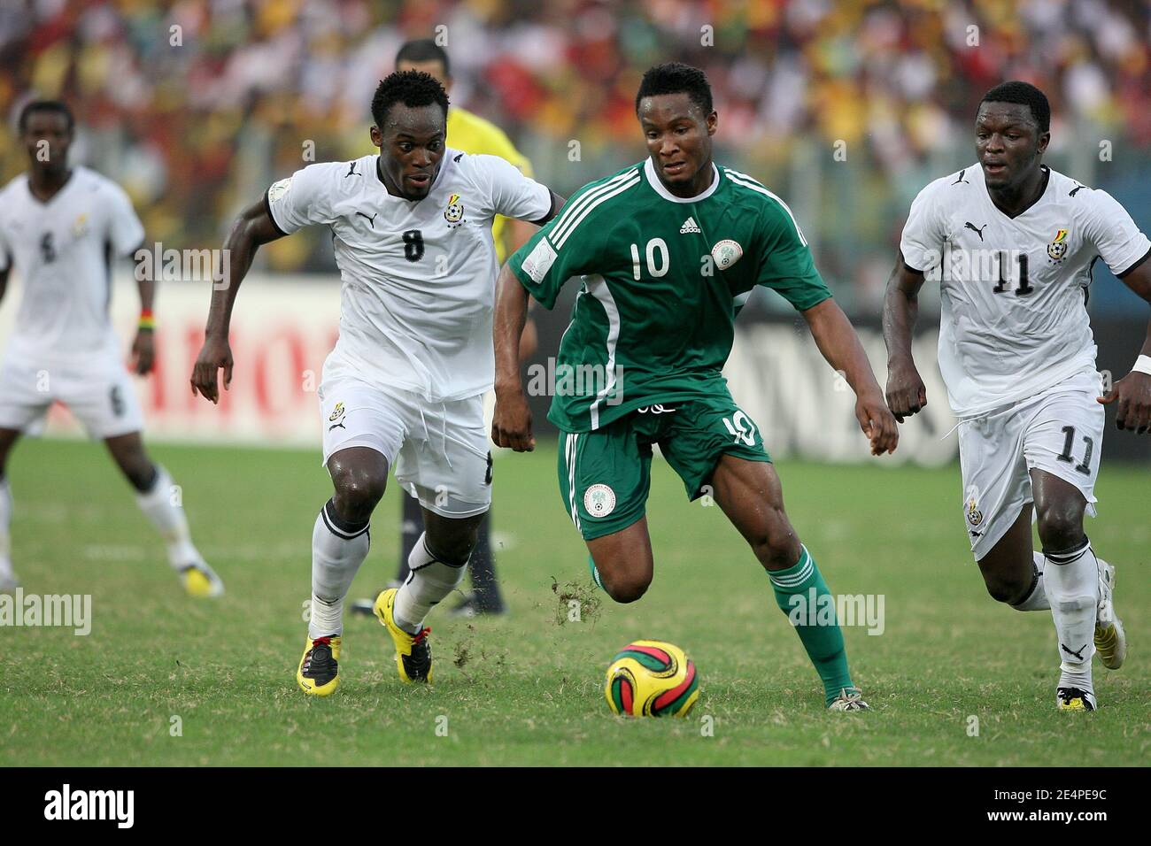 Nigeria's John Obi Mikel and Ghana Essien Michael battle for the ball during the African Cup of Nations, quarter finals, soccer match, Ghana vs Nigeria in Accra, Ghana on February 3, 2008. The Ghana won 2-1. Photo by Steeve McMay/Cameleon/ABACAPRESS.COM Stock Photo