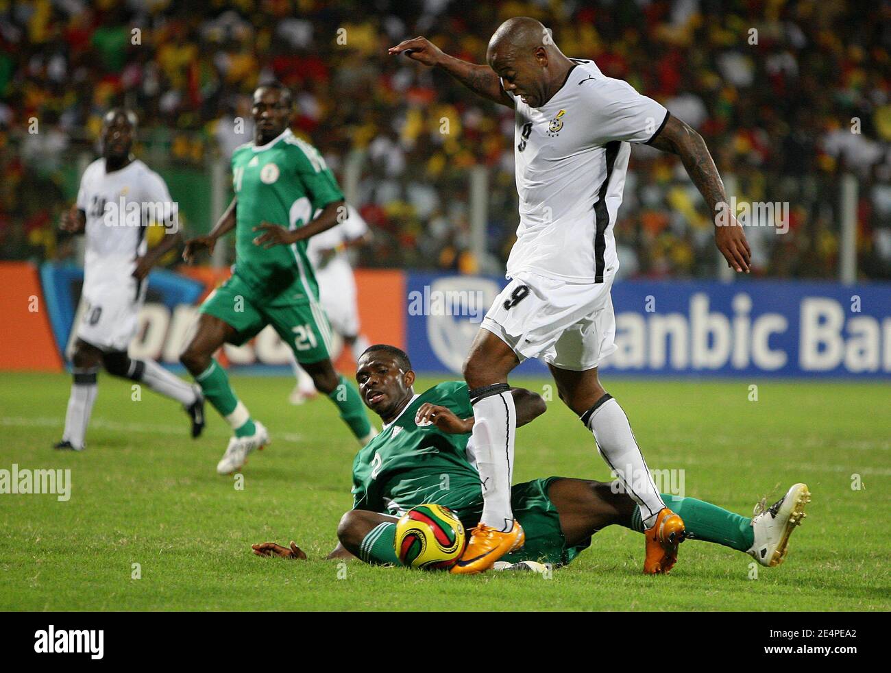 Ghana's Agogo Manuel and Nigeria's Joseph Yobo battle for the ball during the African Cup of Nations, quarter finals, soccer match, Ghana vs Nigeria in Accra, Ghana on February 3, 2008. The Ghana won 2-1. Photo by Steeve McMay/Cameleon/ABACAPRESS.COM Stock Photo