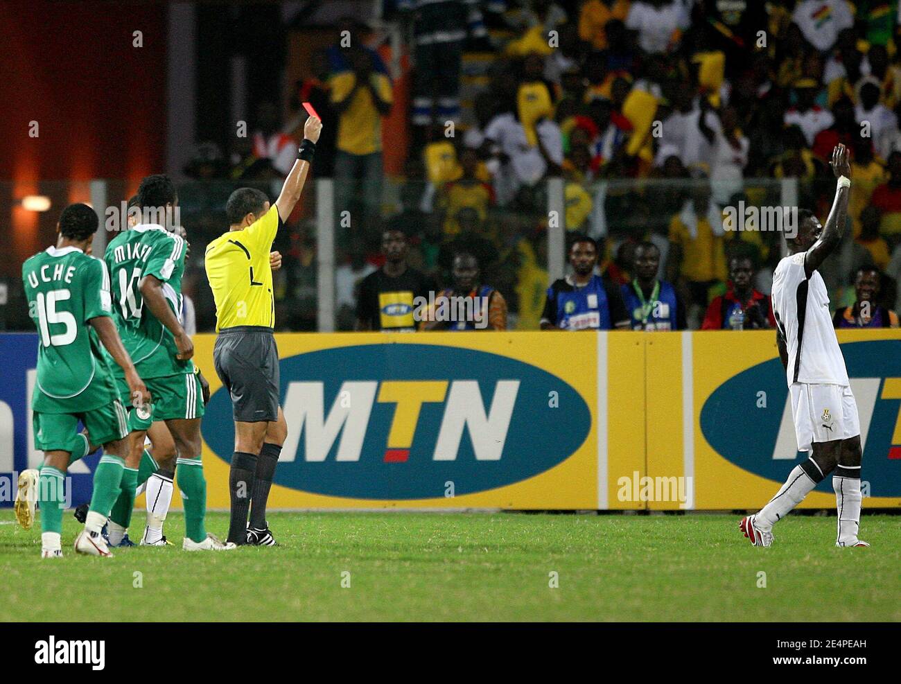 Ghana's Mensah John is sent off during the African Cup of Nations, quarter finals, soccer match, Ghana vs Nigeria in Accra, Ghana on February 3, 2008. The Ghana won 2-1. Photo by Steeve McMay/Cameleon/ABACAPRESS.COM Stock Photo