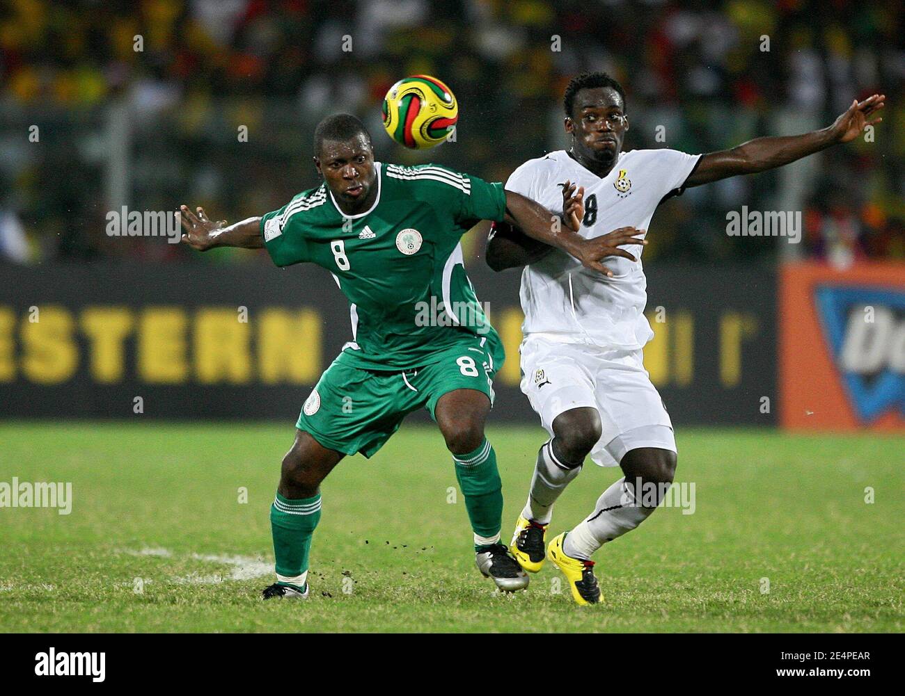 Nigeria's Yakubu Ayegbeni and Ghana's Essien Michael battle for the ball during the African Cup of Nations, quarter finals, soccer match, Ghana vs Nigeria in Accra, Ghana on February 3, 2008. The Ghana won 2-1. Photo by Steeve McMay/Cameleon/ABACAPRESS.COM Stock Photo