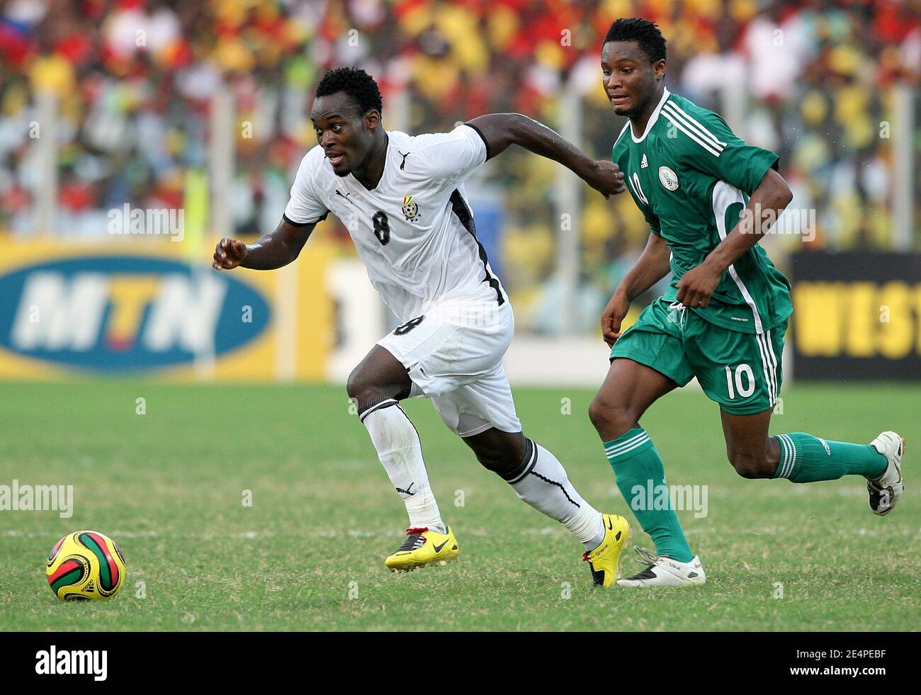 Ghana's Essien Michael is challenged by Nigeria's John Obi Mikel during the African Cup of Nations, quarter finals, soccer match, Ghana vs Nigeria in Accra, Ghana on February 3, 2008. The Ghana won 2-1. Photo by Steeve McMay/Cameleon/ABACAPRESS.COM Stock Photo