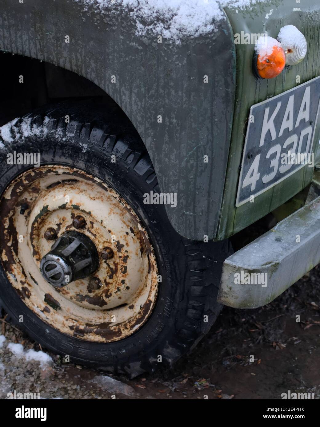 January 2021 - Old series 2 Land Rover with free wheel hub in Axbridge near Cheddar, Somerset, UK. Stock Photo