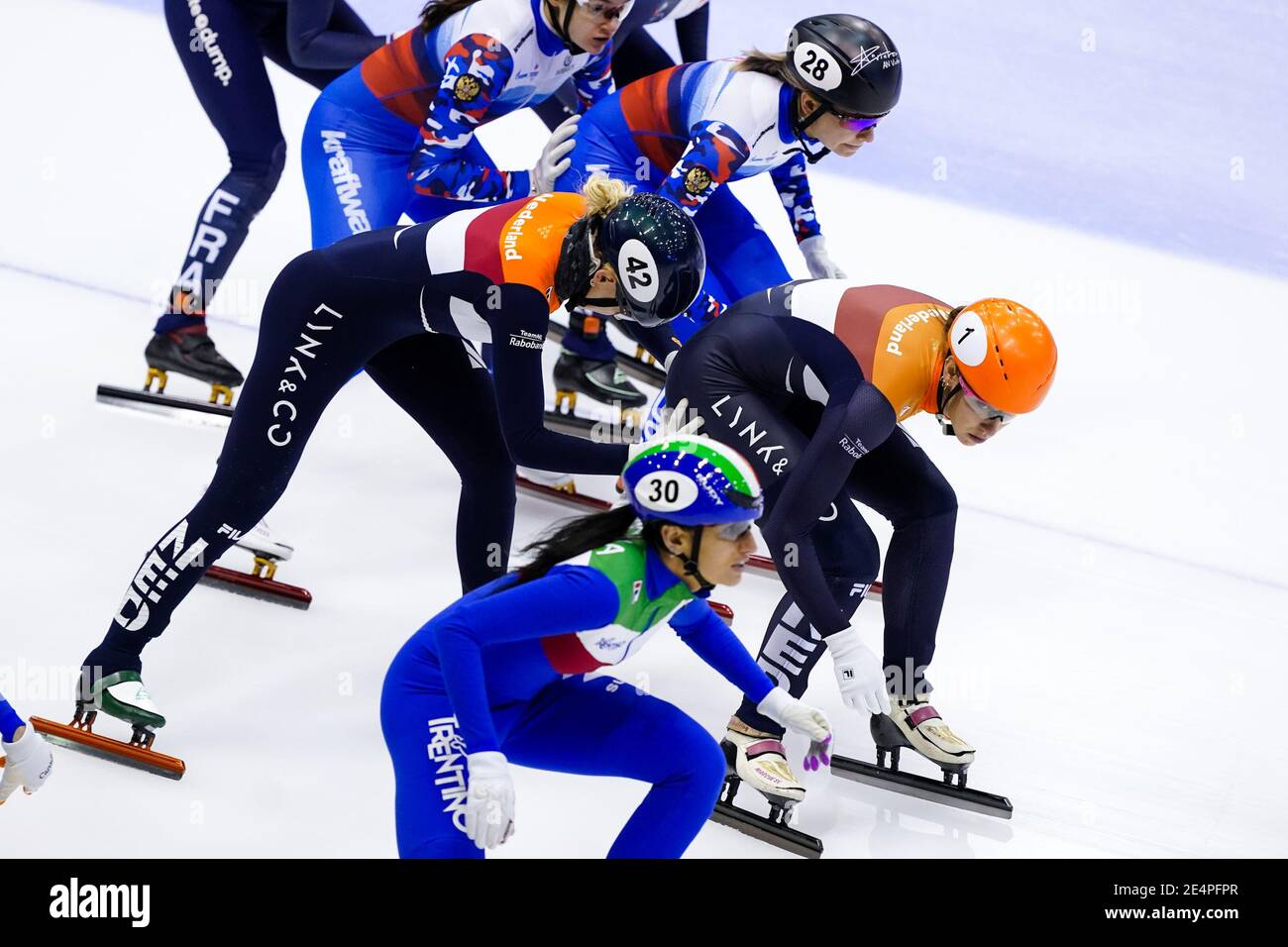 GDANSK, POLAND - JANUARY 24: Xandra Velzeboer of The Netherlands, Suzanne  Schulting of The Netherlands during the ISU European Short Track Speed  Skating Championships at Olivia Hal on January 24, 2021 in