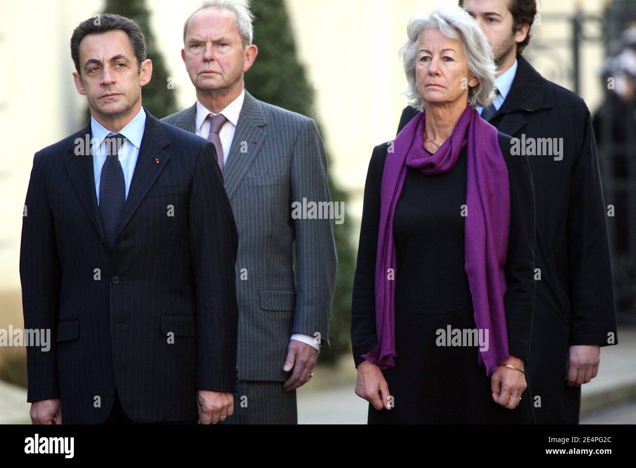 Nicolas Sarkozy, Dominique Erignac (Claude Eriganc's widow) and her son Charles-Antoine, during a ceremony Place Beauvau, in memory of Prefect Claude Erignac, who was killed in Corsica in 1998. Paris, France, on February 6, 2008. Photo by Mousse-Taamallah/ABACAPRESS.COM Stock Photo