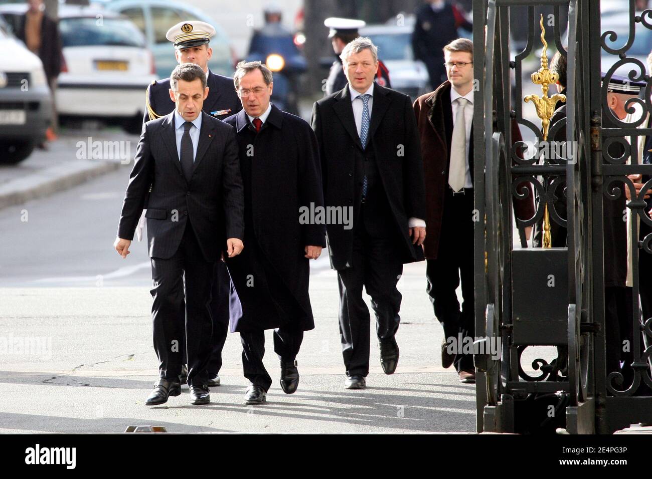 Nicolas Sarkozy, Calude Gueant arriving at a ceremony Place Beauvau, in memory of Prefect Claude Erignac, who was killed in Corsica in 1998. Paris, France, on February 6, 2008. Photo by Mousse-Taamallah/ABACAPRESS.COM Stock Photo