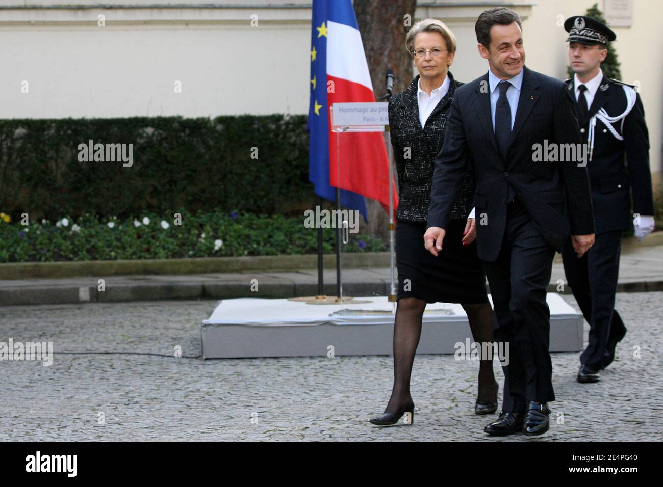 Michele Alliot-Marie and Nicolas Sarkozy during a ceremony Place Beauvau, in memory of Prefect Claude Erignac, who was killed in Corsica in 1998. Paris, France, on February 6, 2008. Photo by Mousse-Taamallah/ABACAPRESS.COM Stock Photo