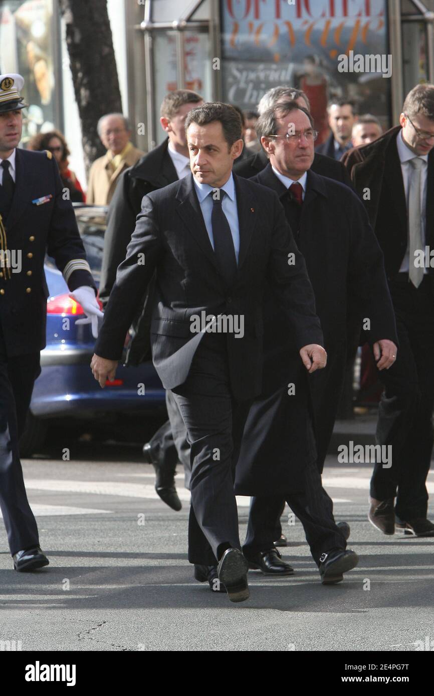 Nicolas Sarkozy and Claude Gueant arrive for a ceremony Place Beauvau, in memory of Prefect Claude Erignac, who was killed in Corsica in 1998. Paris, France, on February 6, 2008. Photo by Mousse-Taamallah/ABACAPRESS.COM Stock Photo