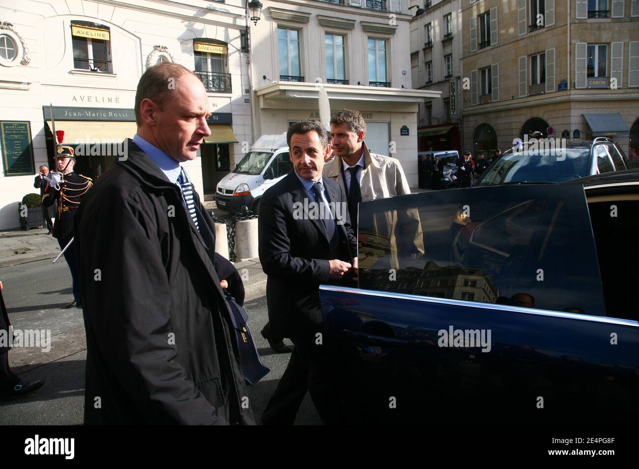 Nicolas Sarkozy leave the ceremony Place Beauvau, in memory of Prefect Claude Erignac, who was killed in Corsica in 1998. Paris, France, on February 6, 2008. Photo by Mousse-Taamallah/ABACAPRESS.COM Stock Photo
