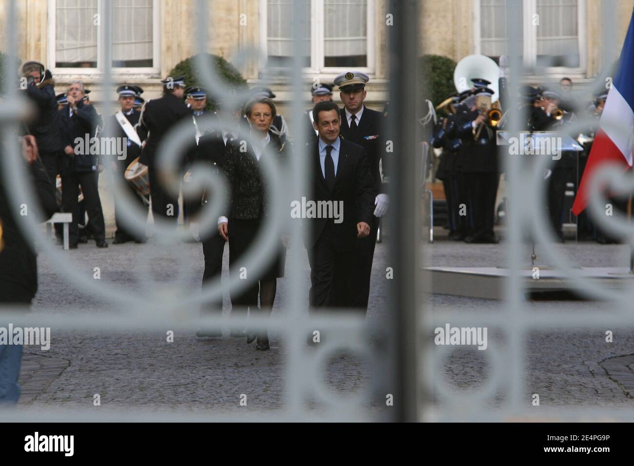 Michele Alliot-Marie and Nicolas Sarkozy leave the ceremony Place Beauvau, in memory of Prefect Claude Erignac, who was killed in Corsica in 1998. Paris, France, on February 6, 2008. Photo by Mousse-Taamallah/ABACAPRESS.COM Stock Photo