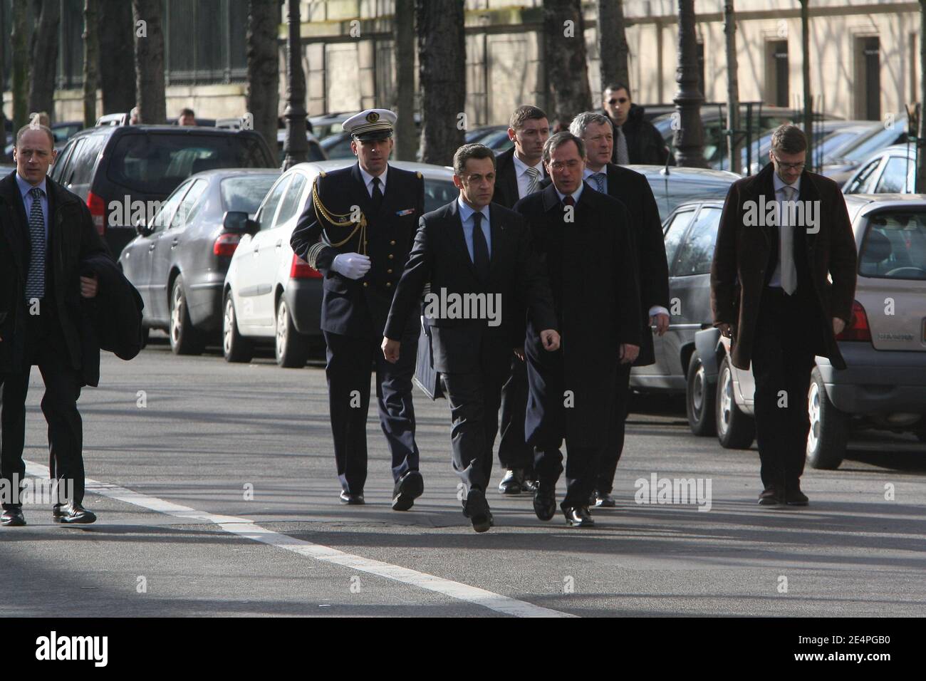 Nicolas Sarkozy and Claude Gueant arrive for a ceremony Place Beauvau, in memory of Prefect Claude Erignac, who was killed in Corsica in 1998. Paris, France, on February 6, 2008. Photo by Mousse-Taamallah/ABACAPRESS.COM Stock Photo