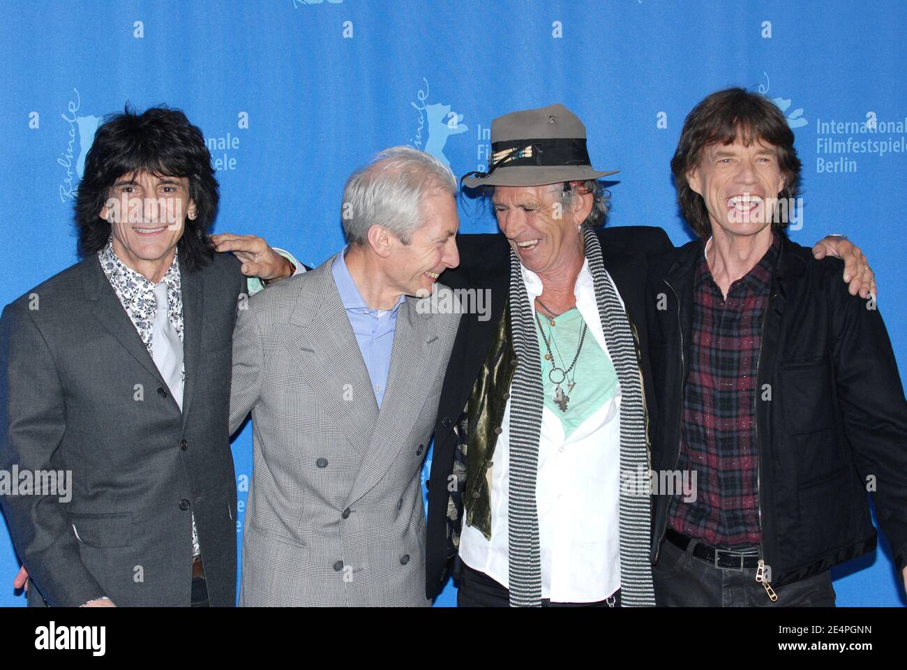 British rock legends the Rolling Stones members Mick Jagger, Keith  Richards, Ron Wood and Charlie Watts pose for pictures during the photocall  of their new documentary film 'Shine a Light' at the