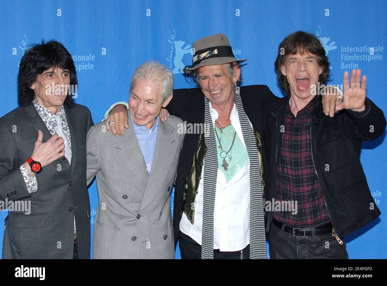 British rock legends the Rolling Stones members Mick Jagger, Keith Richards, Ron Wood and Charlie Watts pose for pictures during the photocall of their new documentary film 'Shine a Light' at the 58th annual Berlin Film Festival, in Berlin, Germany, on February 7, 2008. Photo by Nicolas Khayat/ABACAPRESS.COM Stock Photo