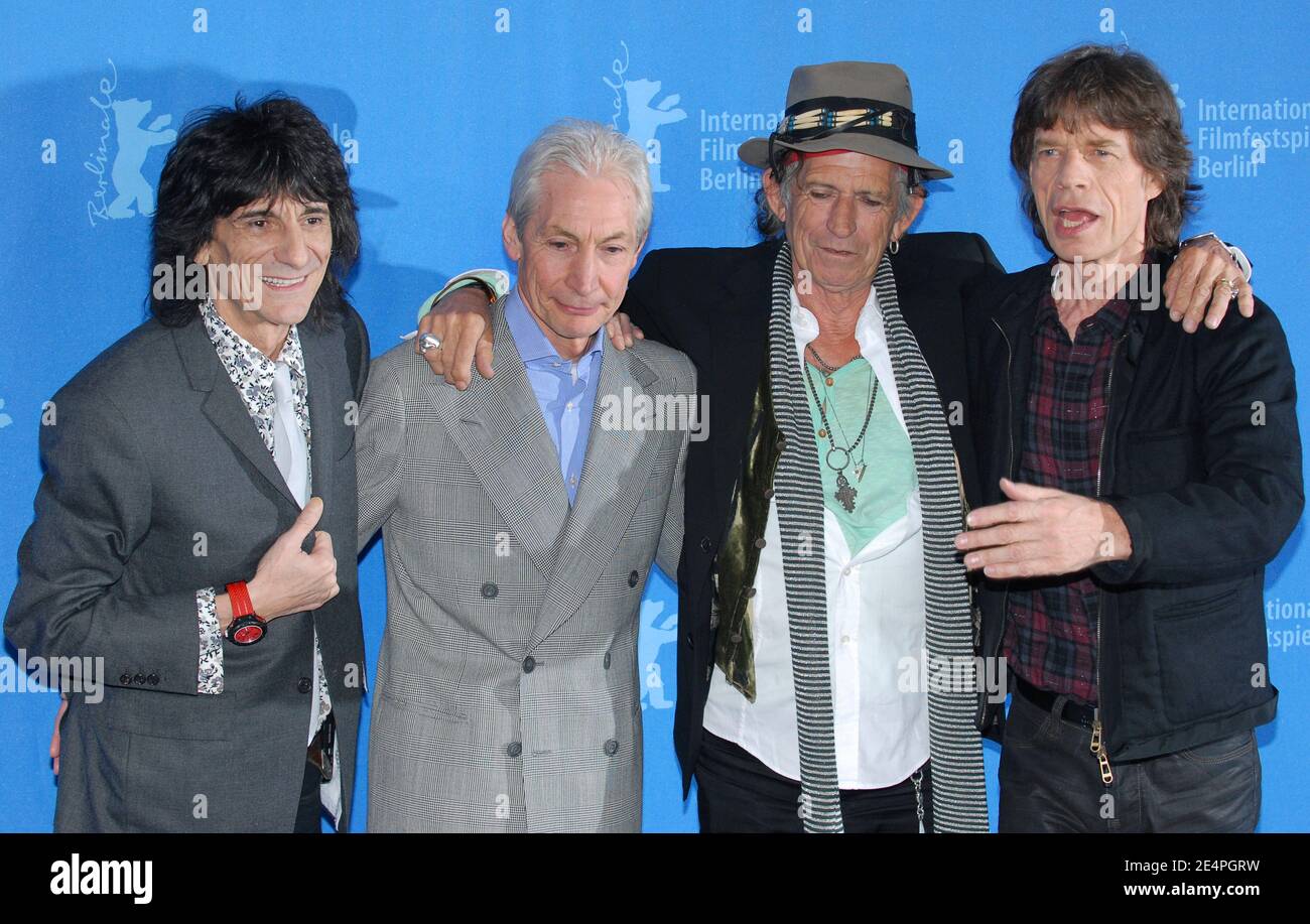 British rock legends the Rolling Stones members Mick Jagger, Keith Richards, Ron Wood and Charlie Watts pose for pictures during the photocall of their new documentary film 'Shine a Light' at the 58th annual Berlin Film Festival, in Berlin, Germany, on February 7, 2008. Photo by Nicolas Khayat/ABACAPRESS.COM Stock Photo