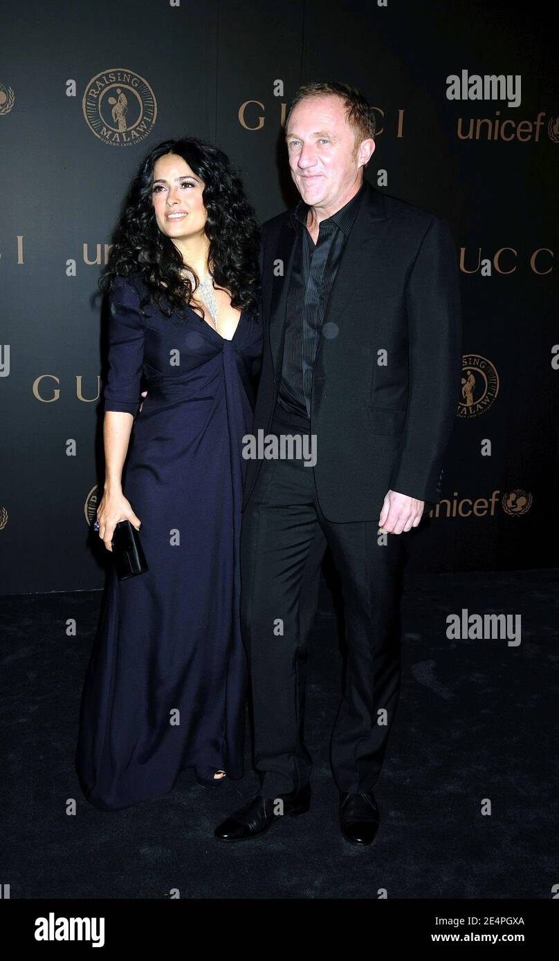 Salma Hayek and husband Francois-Henri Pinault arriving for the Gucci and Madonna host A Night To Benefit Raising Malawi and Unicef, held at the United Nations Plaza in New York City, NY, USA, February 6, 2008. Photo by David Miller/ABACAPRESS.COM Stock Photo