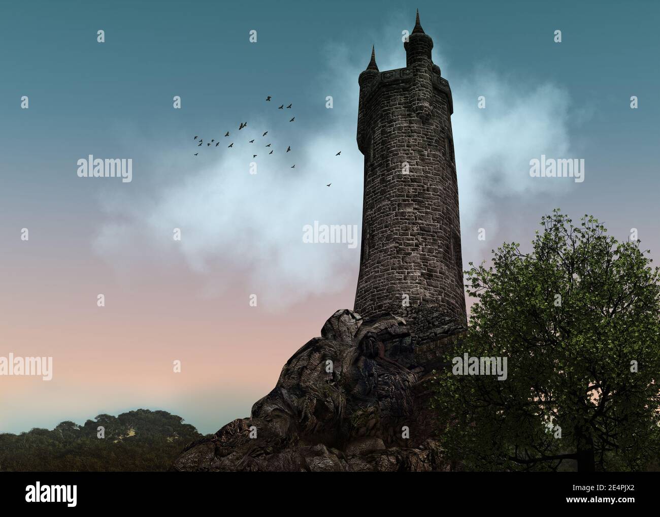 3d computer graphics of a fairy tale tower and landscape Stock Photo